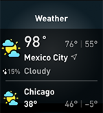 メキシコシティとシカゴの現在の天気予報が表示されている、天気ウィジェット画面